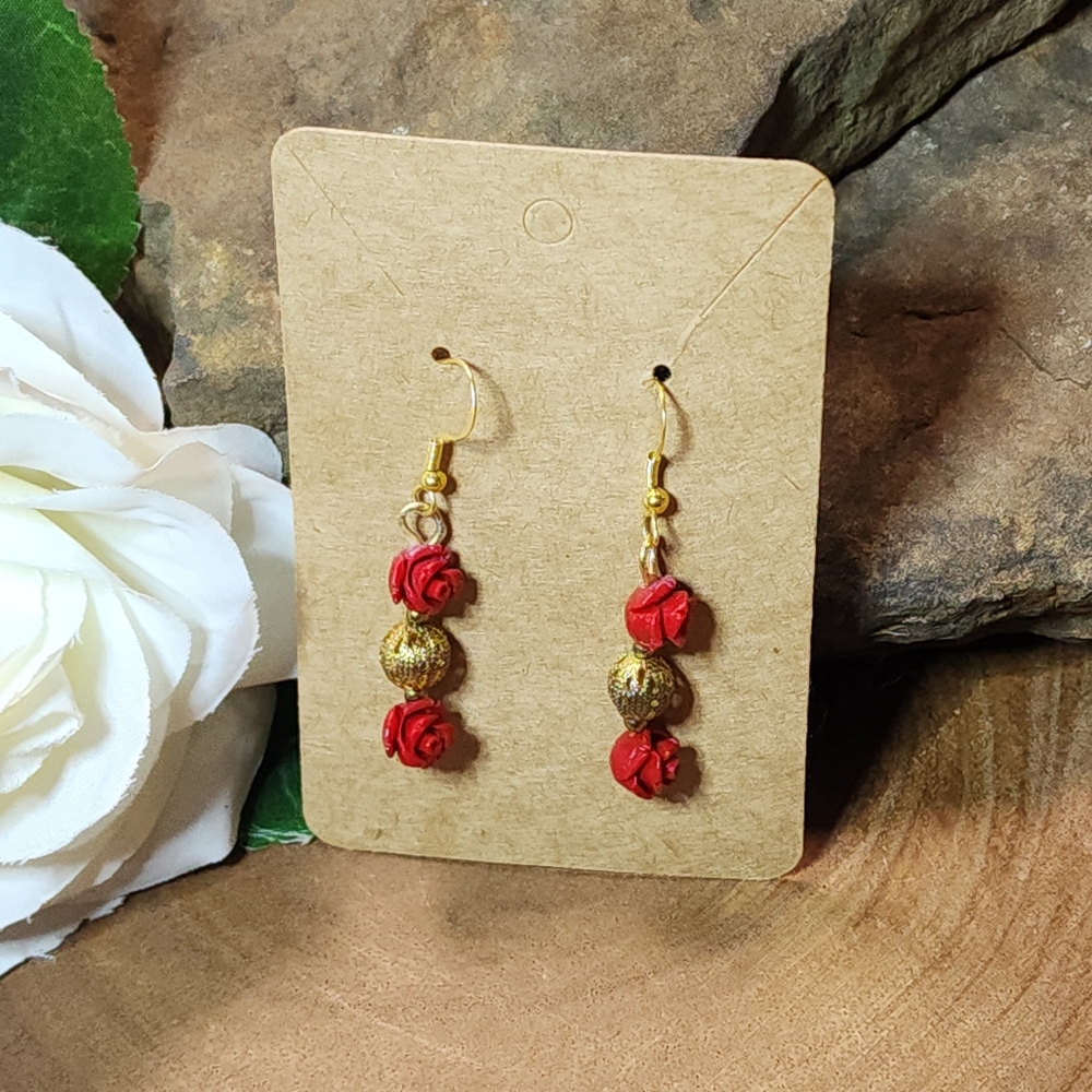 20. Hand Crafted Dangle Earrings With Red Roses With Gold Toned Filigree Accents